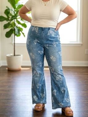 No Boundaries Butterfly Print Bell Bottoms Flare Jeans Retro Hippie Boho Y2K 70s